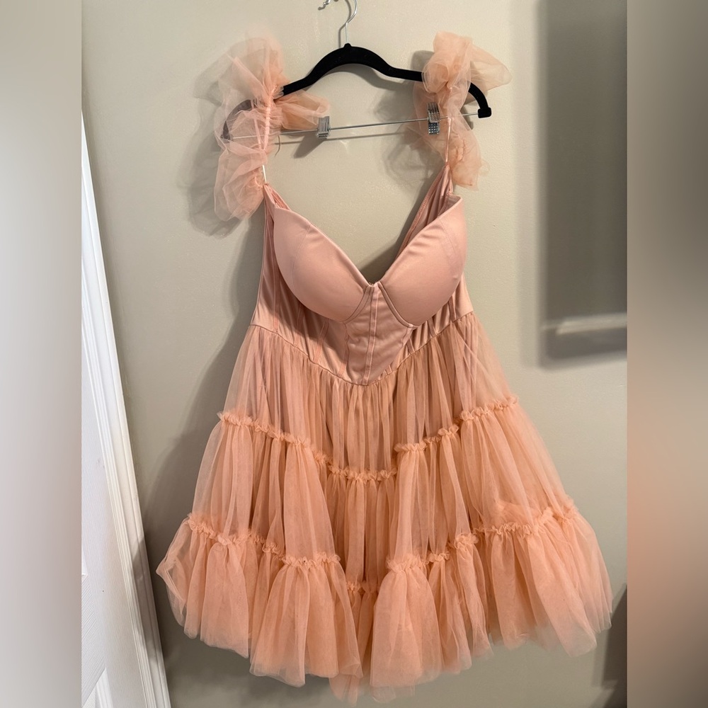 NWOT Fashion Nova Peach Tulle Dress with Ruffle Details
